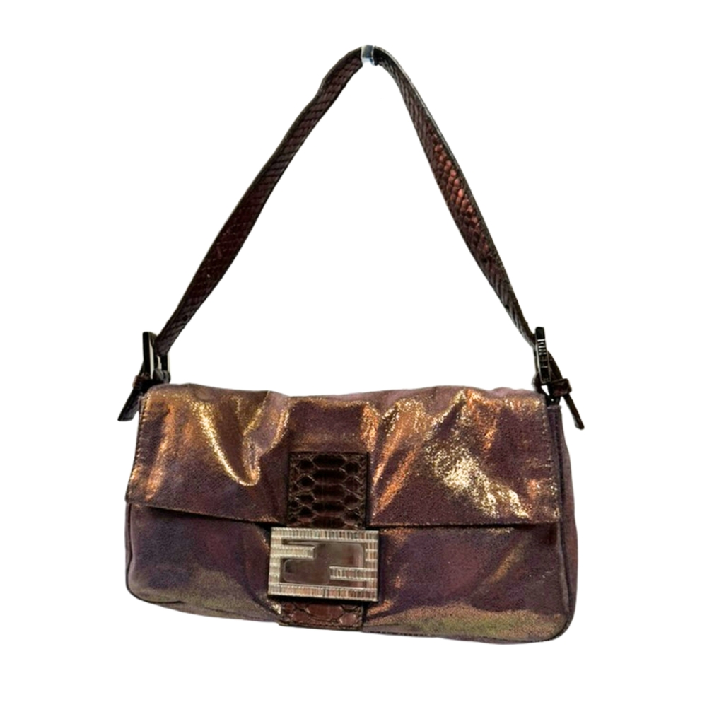 Fendi Metallic Suede Crystal Embellished Snakeskin Buckle Baguette
